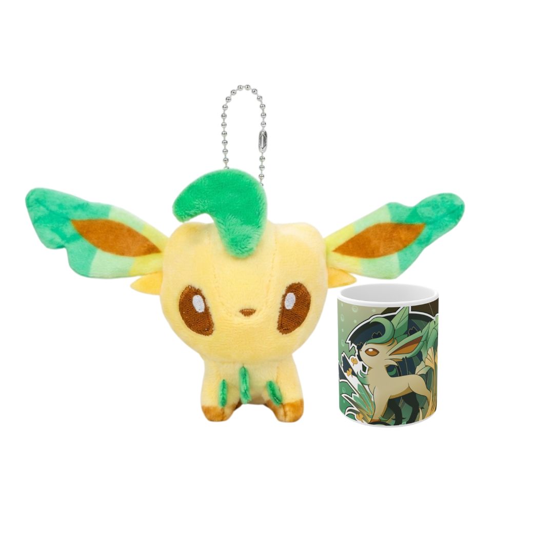 Promoción Leafeon peluche colgante más taza